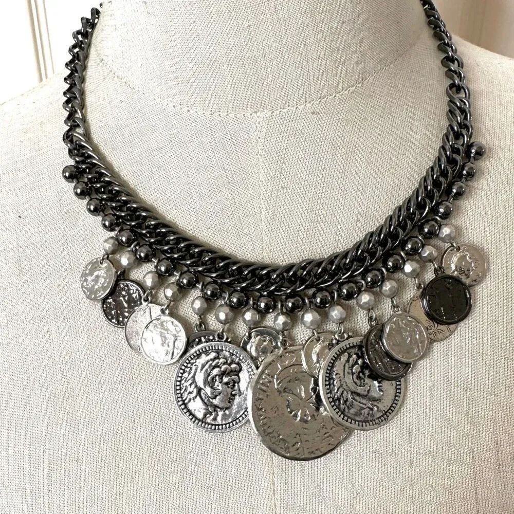 Express grey coin beaded necklace
